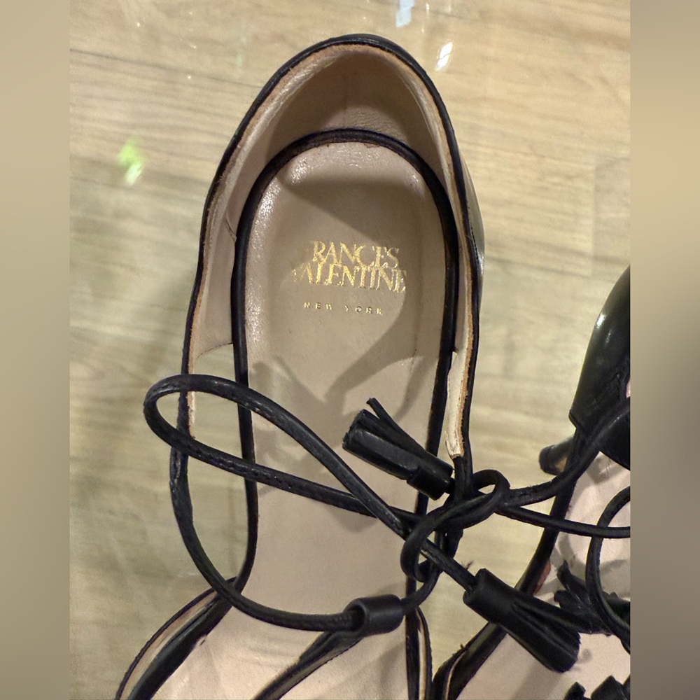 Frances Valentine Valentina Open Toe T-Strap Black Heels - Picture 5 of 8